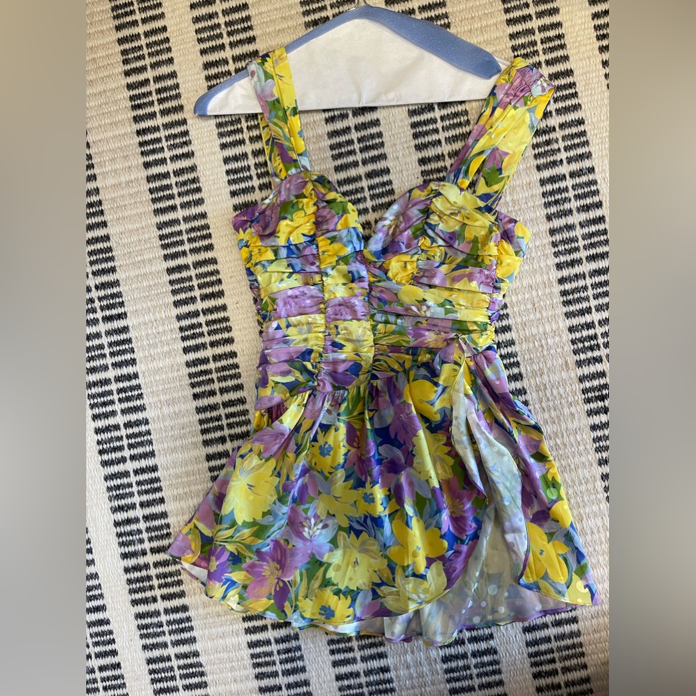 For Love And Lemons purple yellow and blue floral mini dress